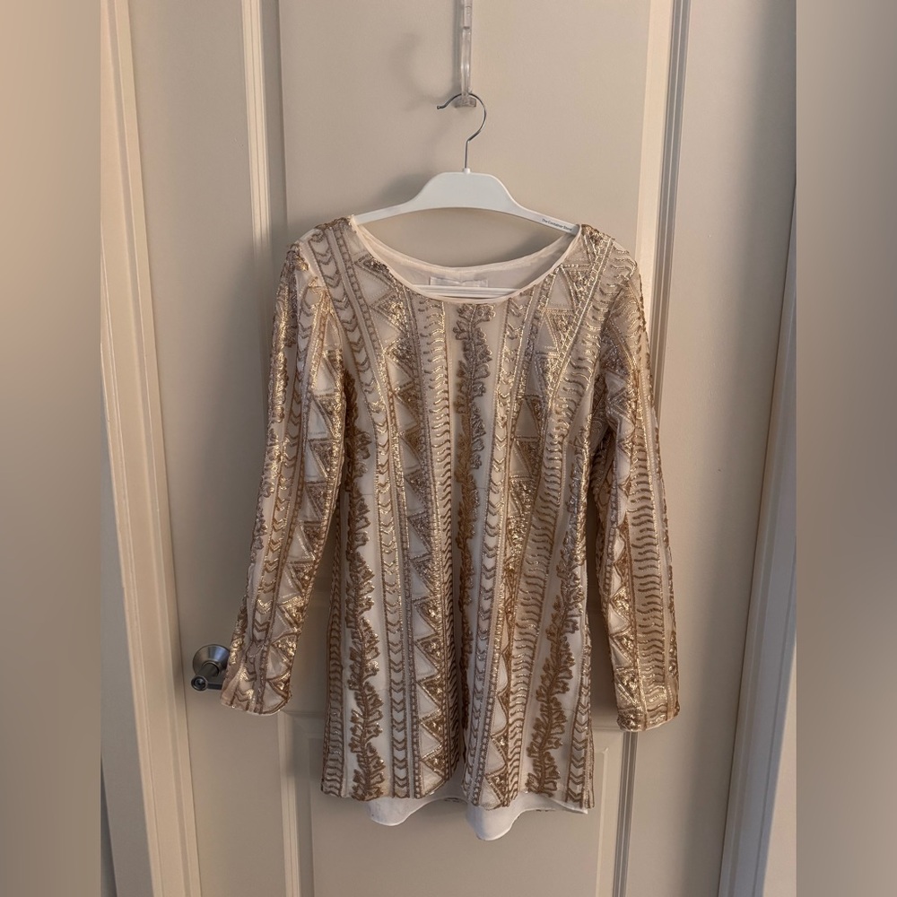 Dress the Population Gold and Cream Long Sleeved Mini Dress
